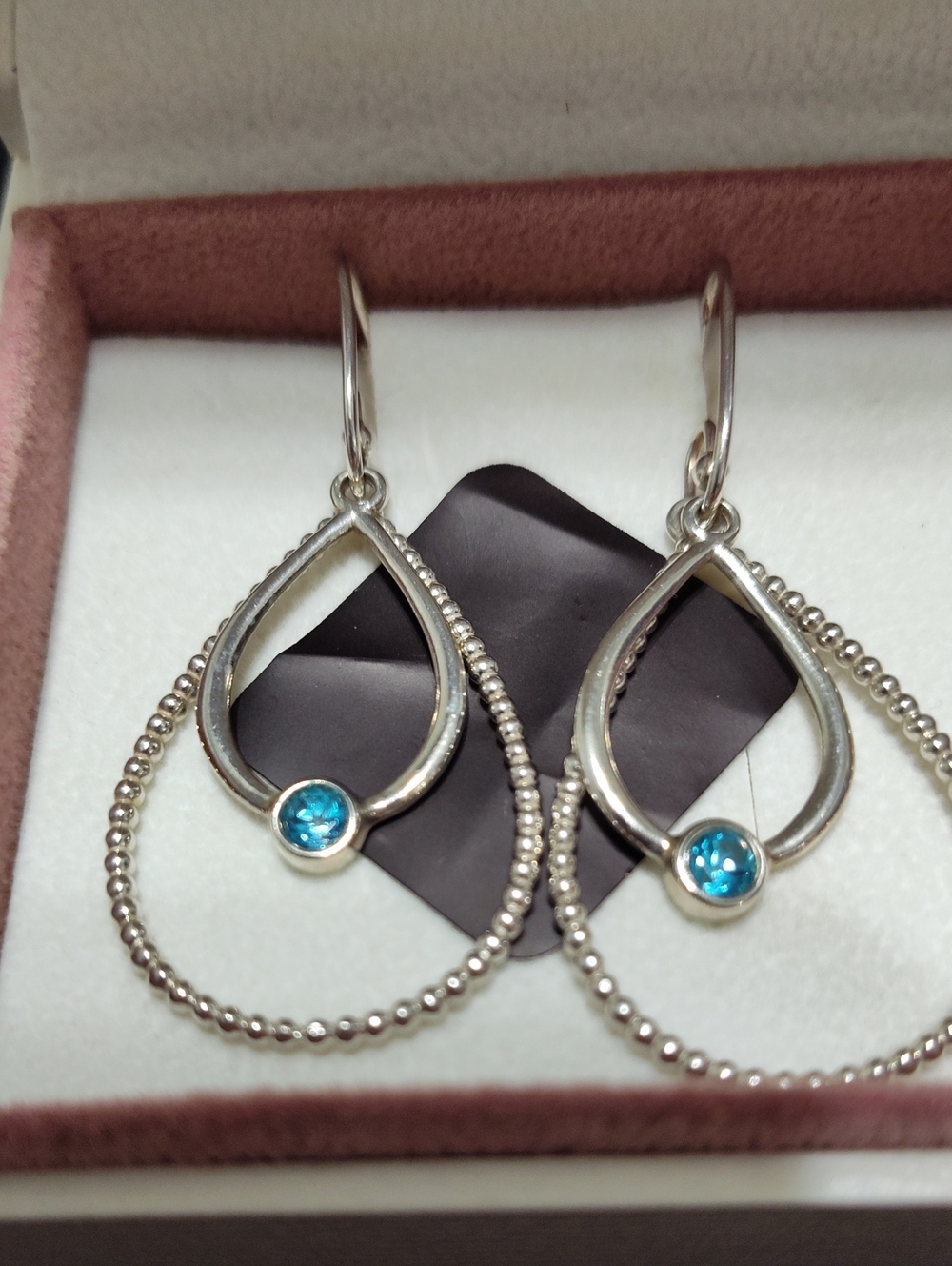 Pandora "Compose" 925 Sterling Silver Double Drop Earrings w/Blue Topaz Stones - Picture 5 of 5